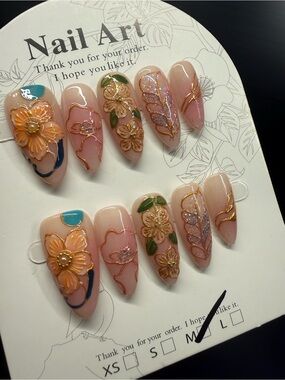 Hand-Painted Floral Press-On Nails in Nude Medium